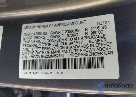 2021 Honda Accord Ex-L из США, поврежденный, VIN 1HGCV1F52MA052755